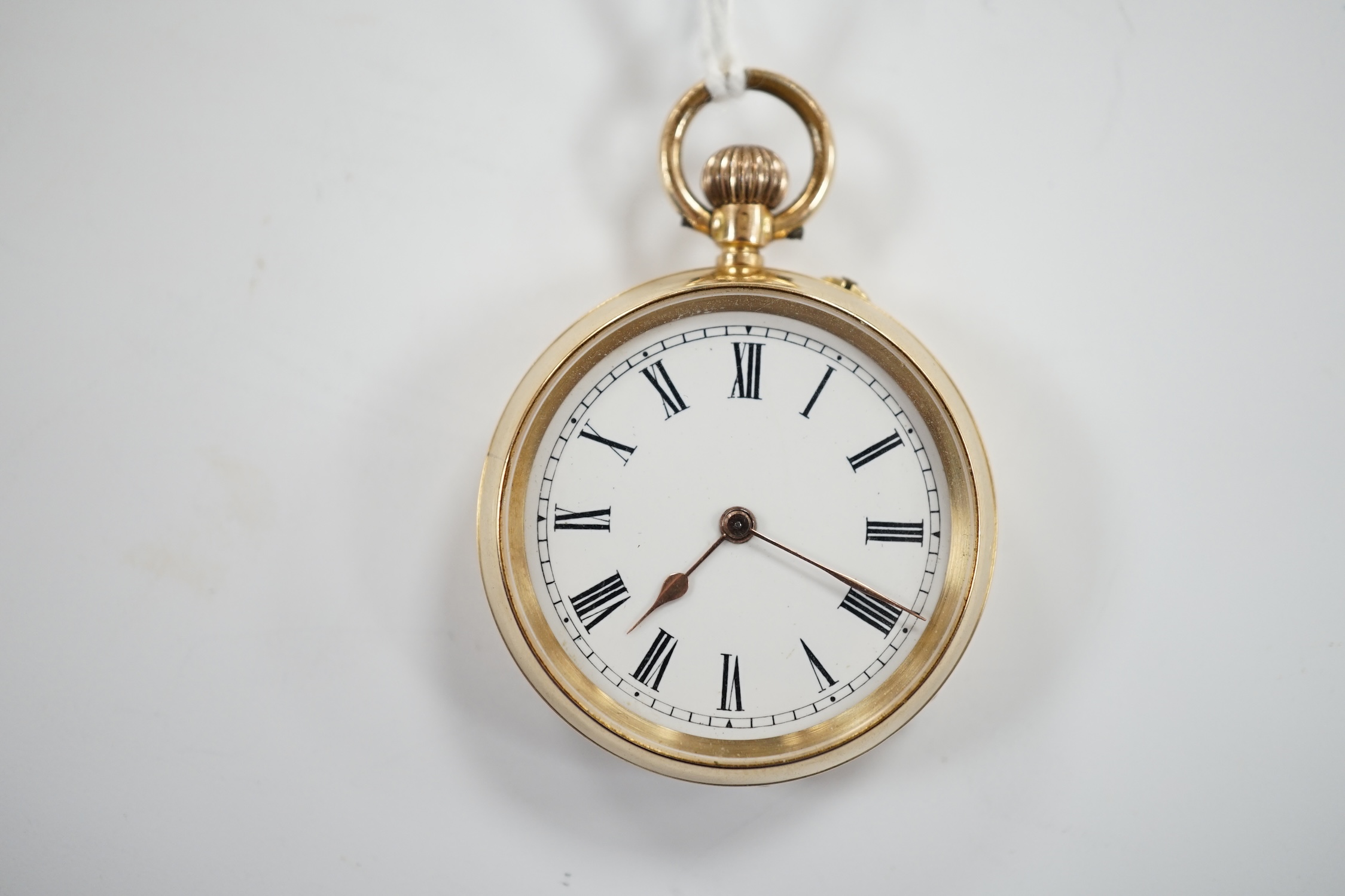 A 14k open face keyless fob watch, with Roman dial, case diameter 32mm, with case back monogram, in a fitted Russian box